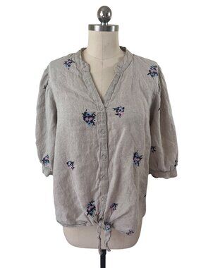 Charter Club Linen Tie Front Shirt Womens Large Beige Embroidered Floral Cottage